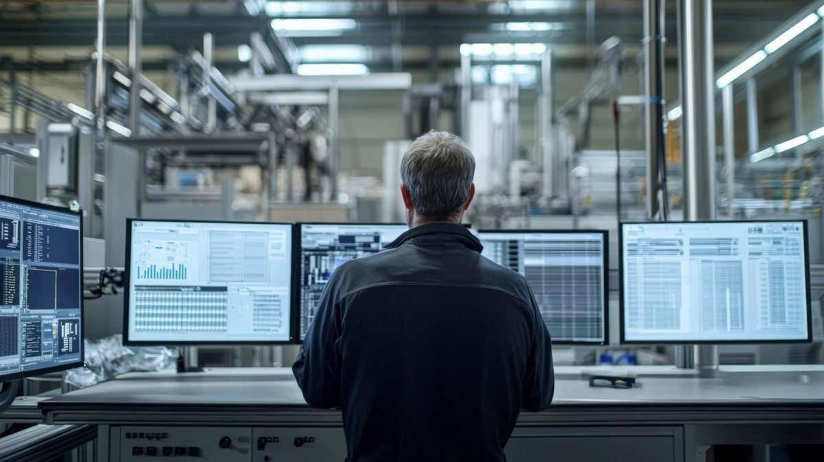 A factory manager in a control room, with screens displaying real-time data optimized
