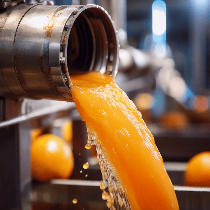 Stream of orange juice pouring out of a pipe with the indoor of a factory in the background